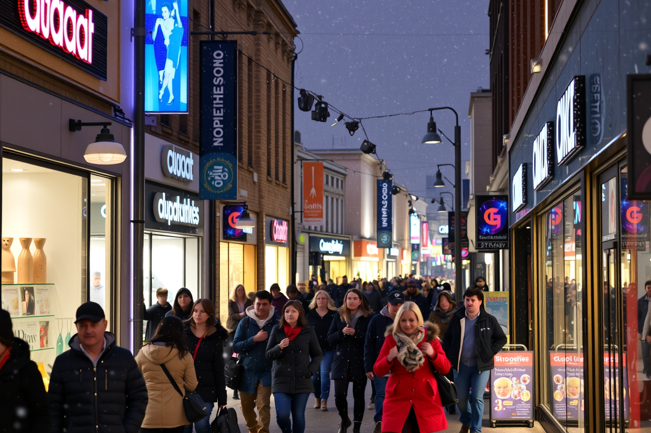 Generate an image of a bustling UK local retail centre with shoppers and illuminated storefronts under wintry weather conditions—depict a scene with light snow and icy details to convey the impact of challenging weather on high street activity.