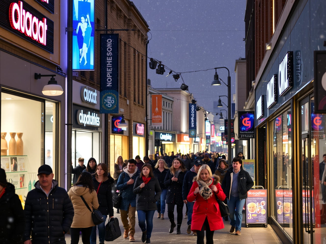 An image showcasing a bustling UK retail centre with modern storefronts and shoppers braving a crisp winter atmosphere—snow gently falling, reflecting the deep freeze weather, and highlighting the vibrancy of major retail centres in the UK.