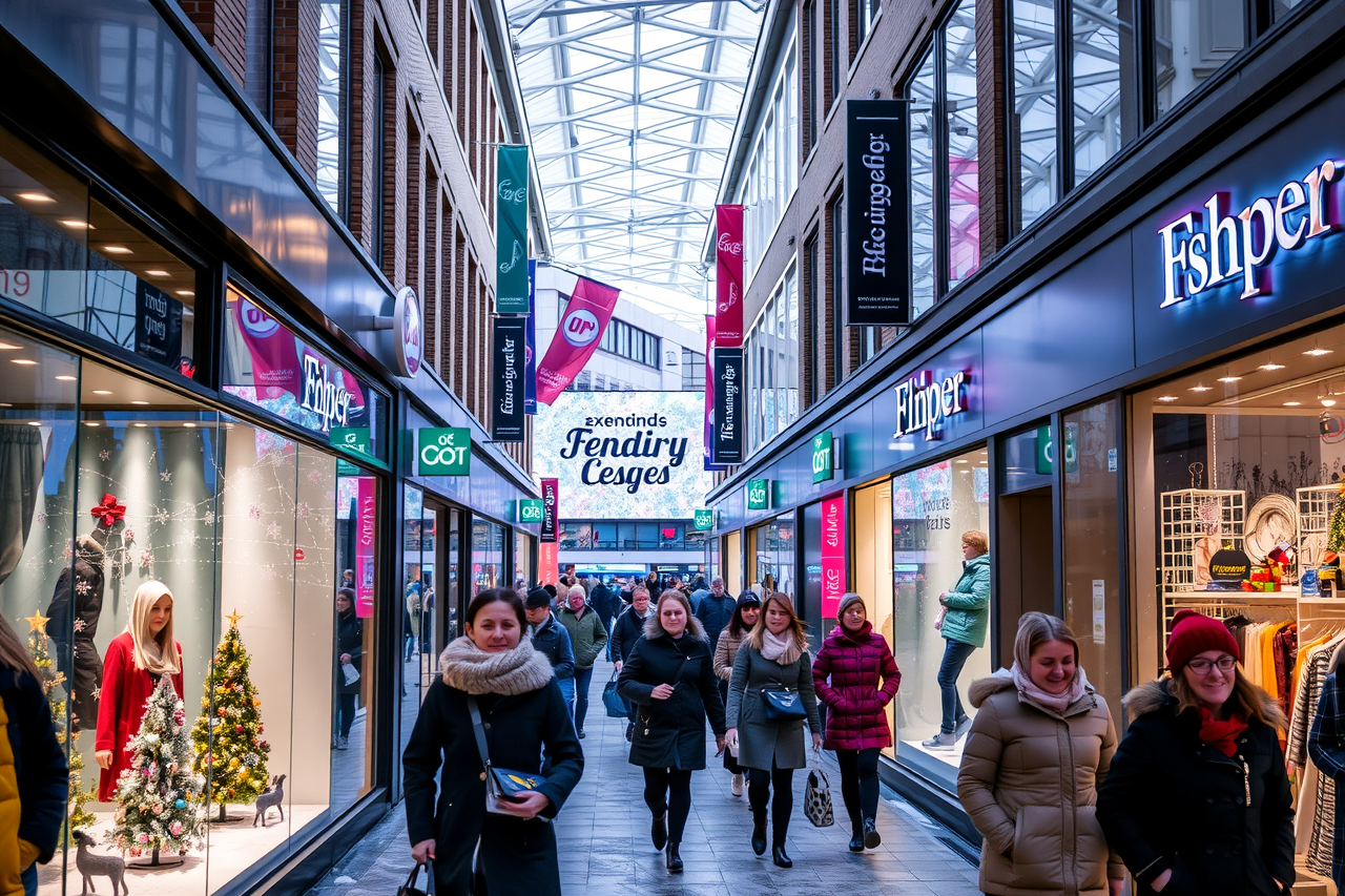 A vibrant urban shopping centre scene on a frosty day with shoppers enjoying extended indoor experiences. The image should convey modern retail ambience with clear signage and festive window displays, capturing both the dynamic retail environment and the wintry weather.