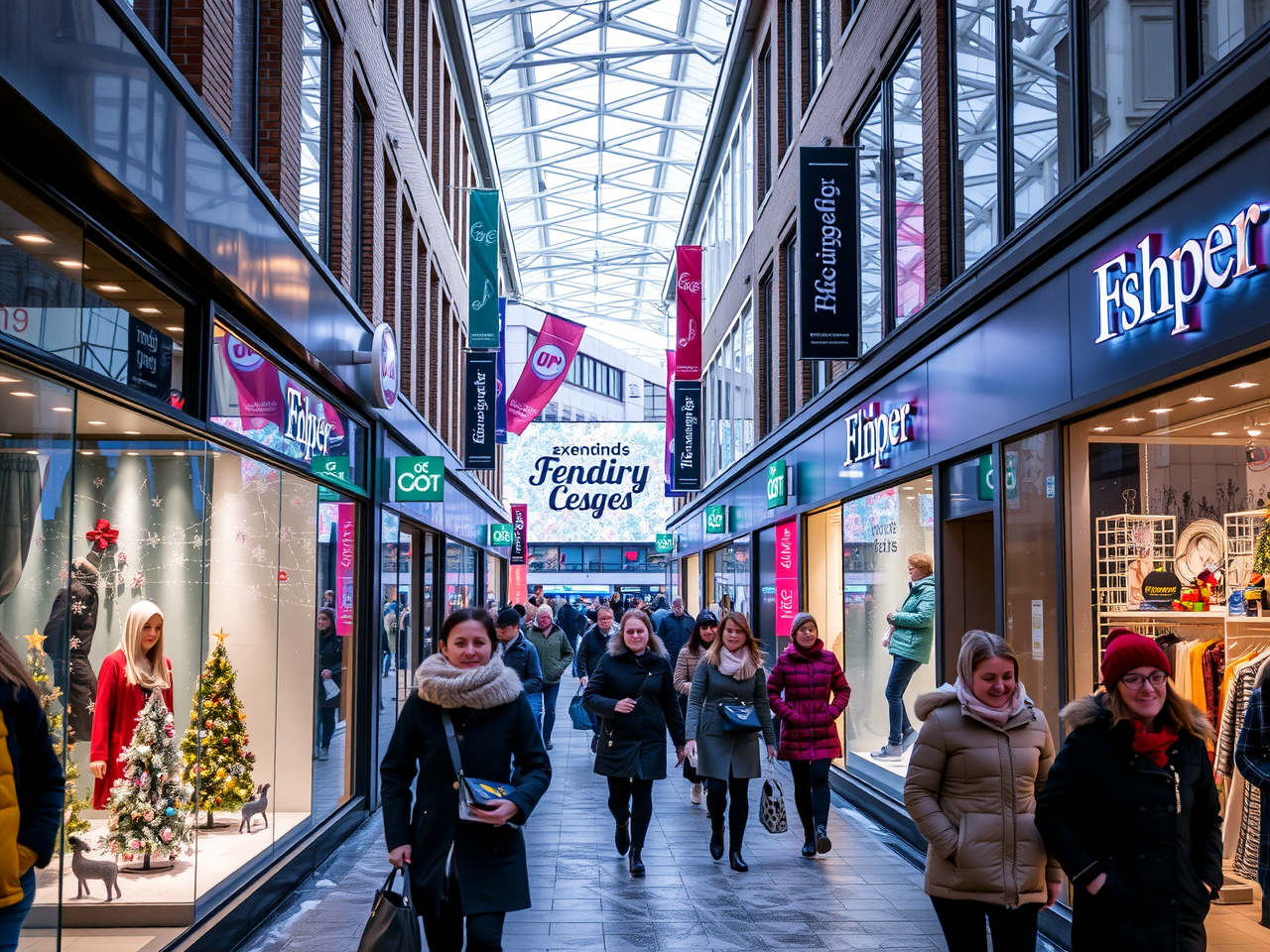 A vibrant urban shopping centre scene on a frosty day with shoppers enjoying extended indoor experiences. The image should convey modern retail ambience with clear signage and festive window displays, capturing both the dynamic retail environment and the wintry weather.