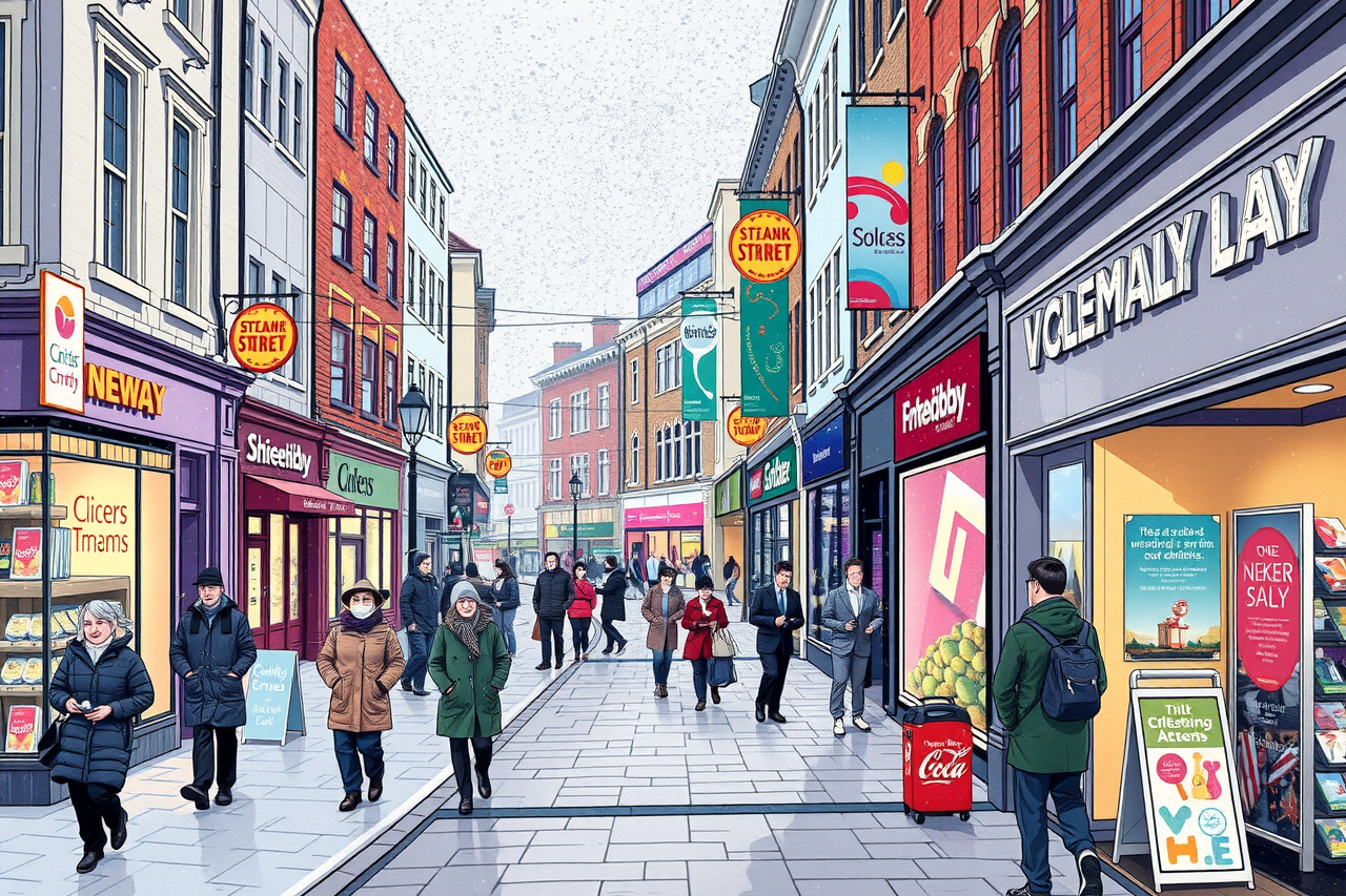 A high-resolution illustration of a bustling UK high street and town centre under wintry conditions—with light snowfall and icy pavements—capturing the vibrant yet challenging retail environment.