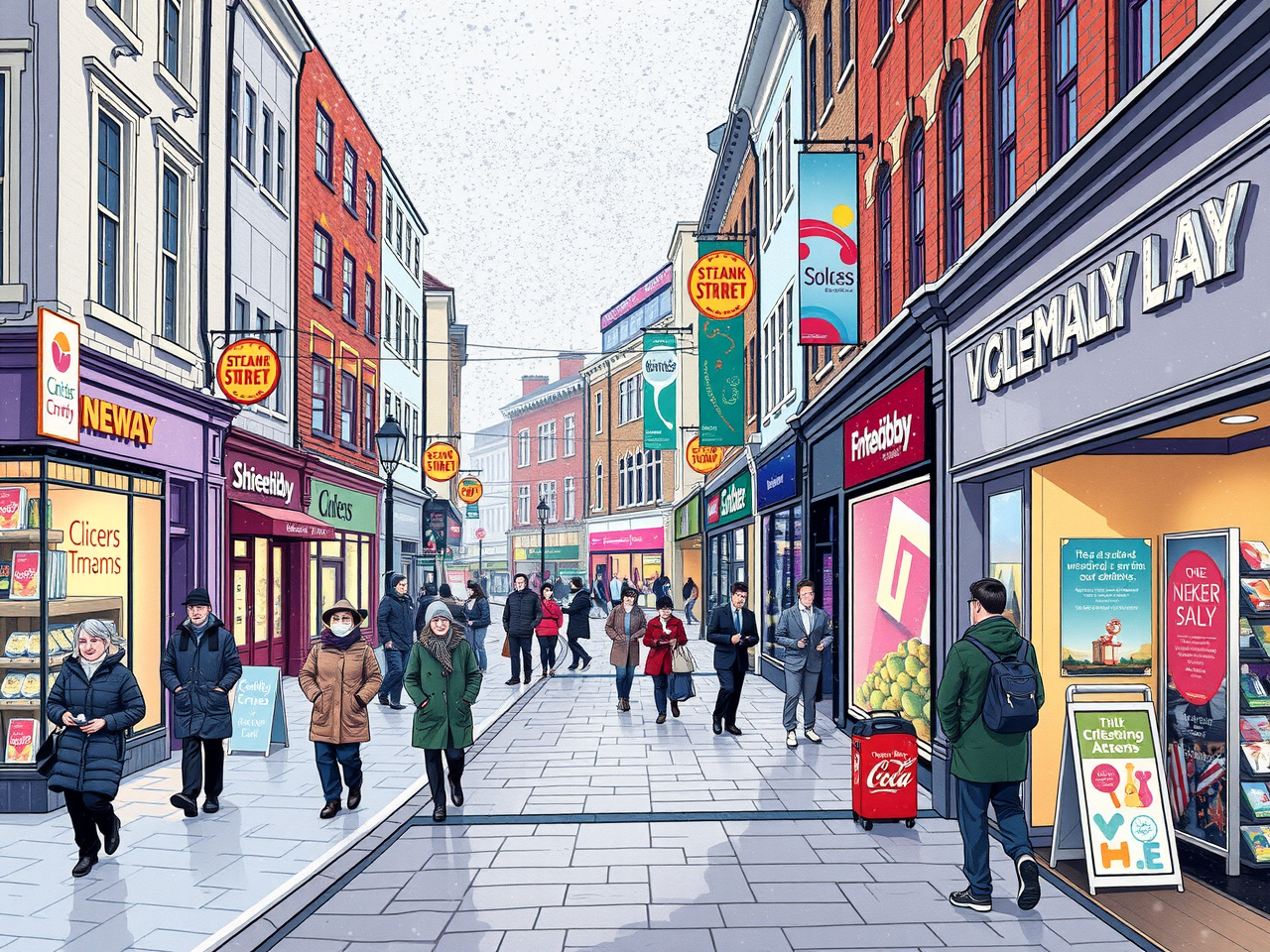 A high-resolution illustration of a bustling UK high street and town centre under wintry conditions—with light snowfall and icy pavements—capturing the vibrant yet challenging retail environment.