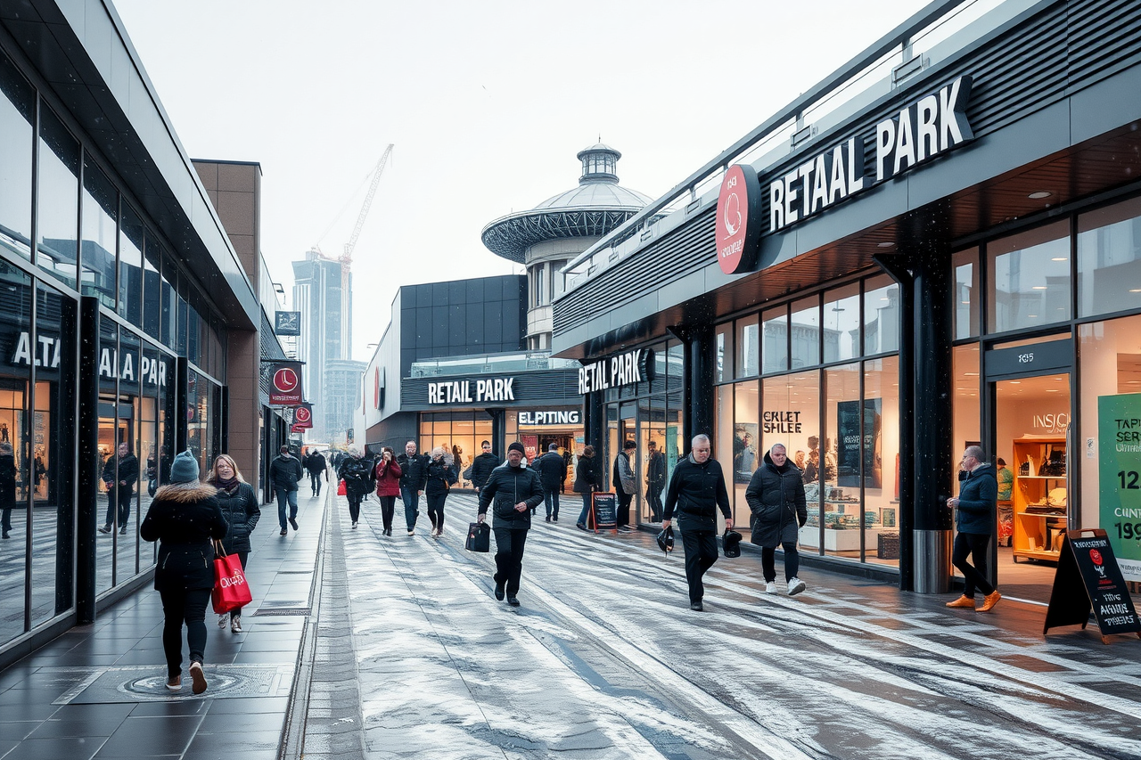 Create a high-resolution featured image that showcases a modern UK retail park on a frosty winter day with light snowfall and visible outdoor signage. Highlight the juxtaposition of busy retail activity with the crisp, cold weather to reflect consumer engagement and the impact of weather on footfall.