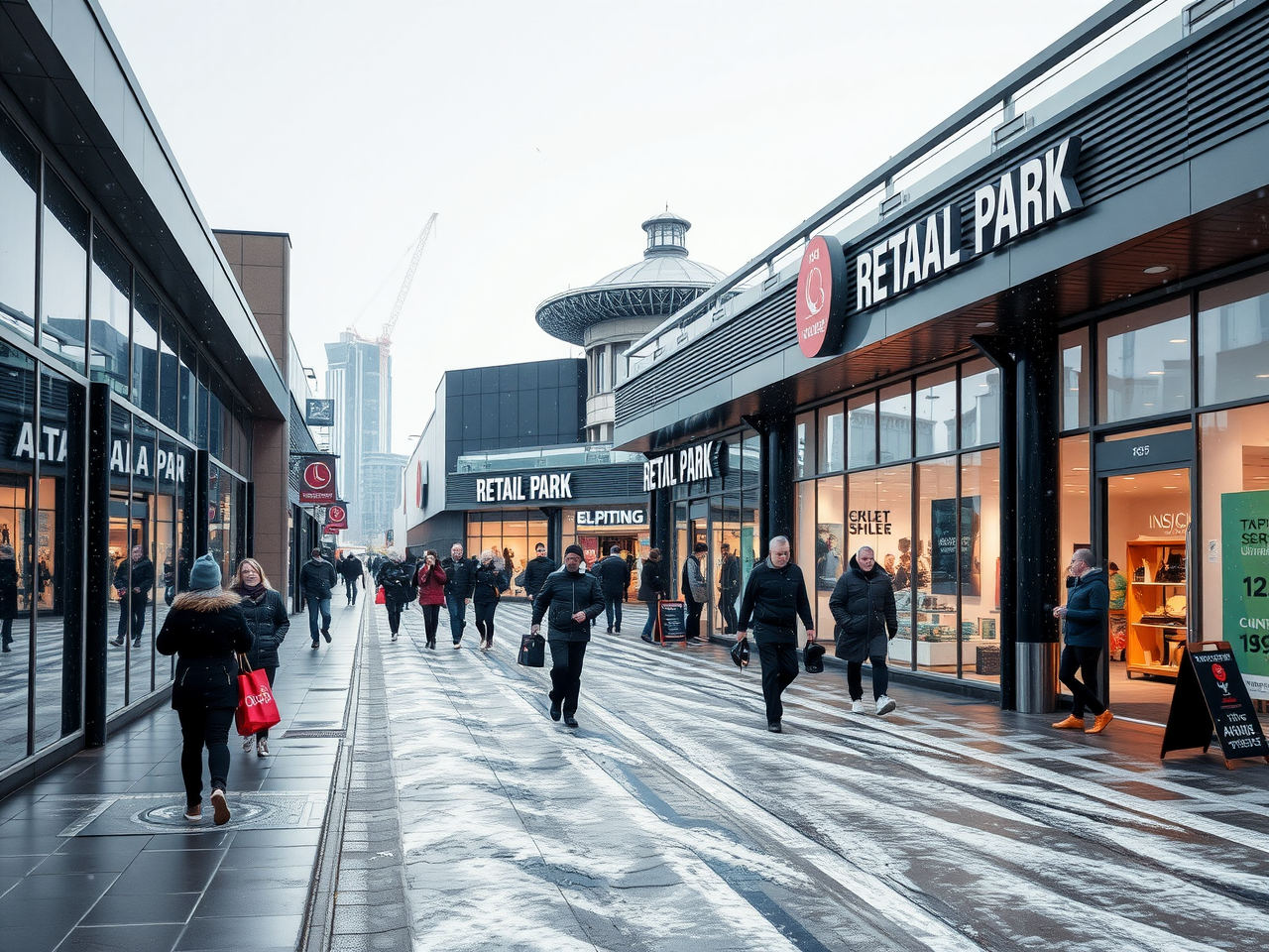 Create a high-resolution featured image that showcases a modern UK retail park on a frosty winter day with light snowfall and visible outdoor signage. Highlight the juxtaposition of busy retail activity with the crisp, cold weather to reflect consumer engagement and the impact of weather on footfall.