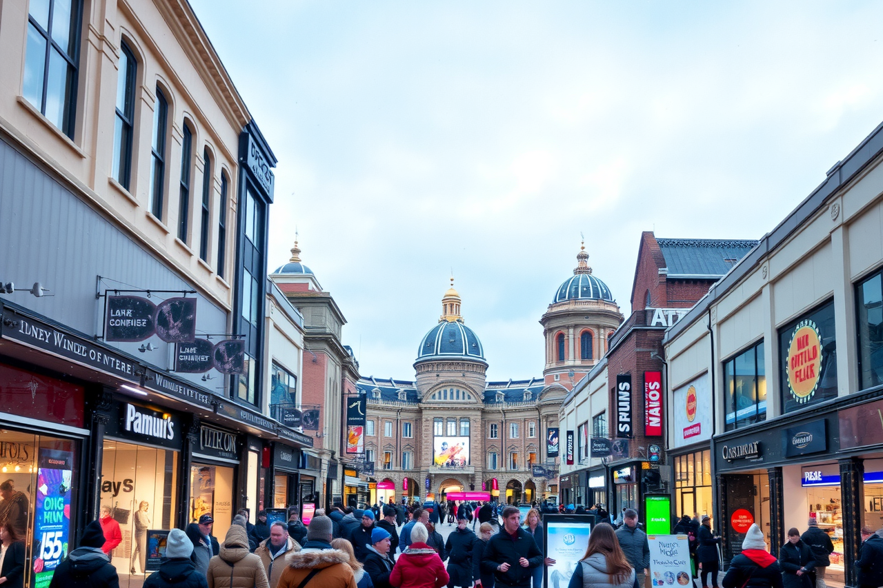 Generate an image of a bustling major retail centre under a wintery sky with gentle snowfall, vibrant store lights, and shoppers bundled up against a crisp, cold weather backdrop.