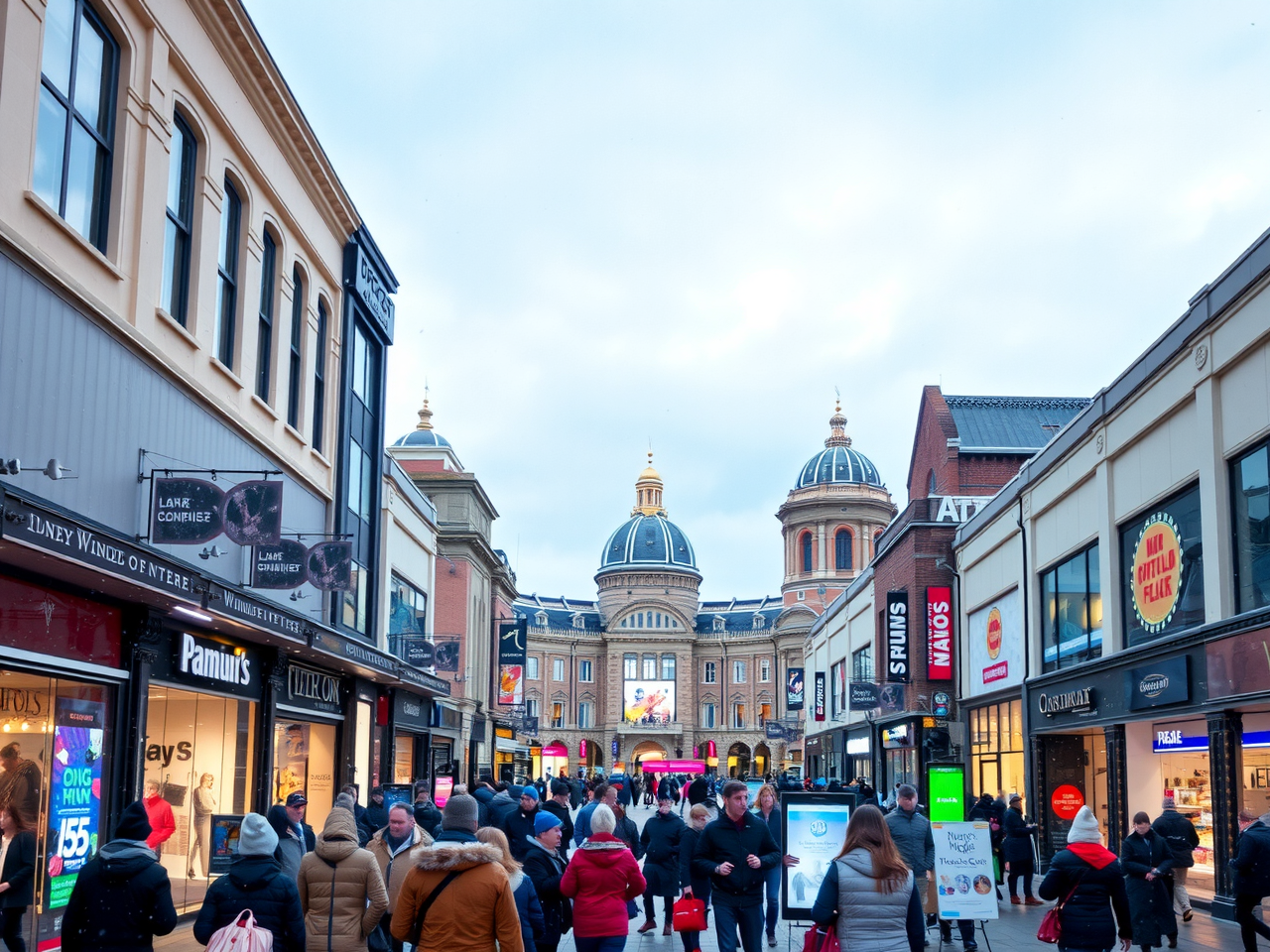 Generate an image of a bustling major retail centre under a wintery sky with gentle snowfall, vibrant store lights, and shoppers bundled up against a crisp, cold weather backdrop.