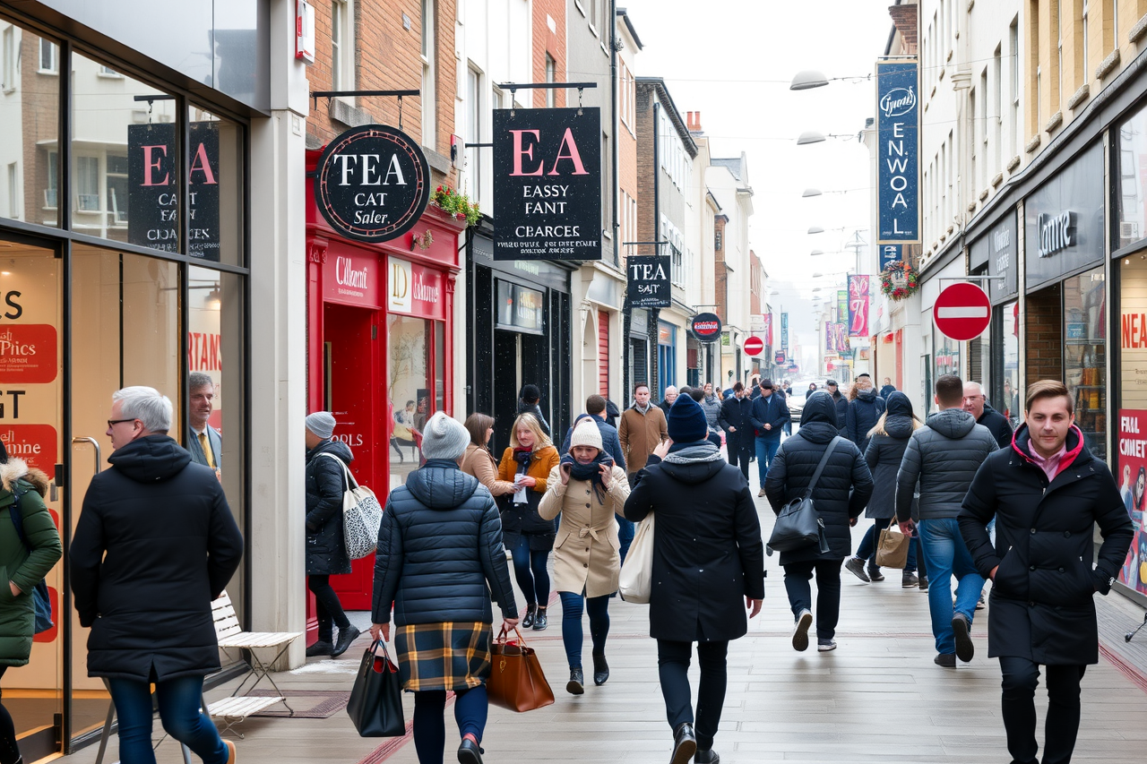 a busy UK local retail centre under typical winter weather with light snowfall. Showcase shoppers engaging with storefronts and bustling footfall counting in a lively high street setting.