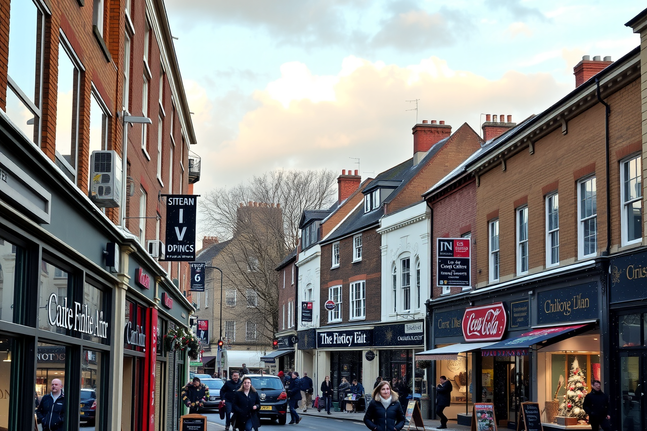 A vibrant UK high street in the midst of a chilly winter with light snowfall and a mix of overcast and clear skies, highlighting a busy Local Retail Centre with festive window displays and bustling street scenes.