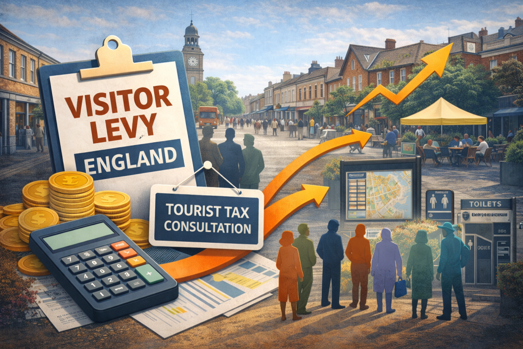 Illustration of an English town centre with visitor levy signage and financial icons showing how a tourist levy could fund local regeneration and high street improvements