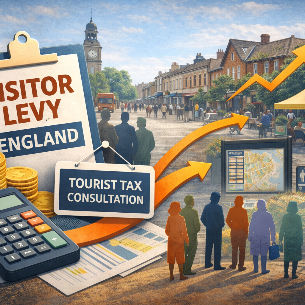 Illustration of an English town centre with visitor levy signage and financial icons showing how a tourist levy could fund local regeneration and high street improvements
