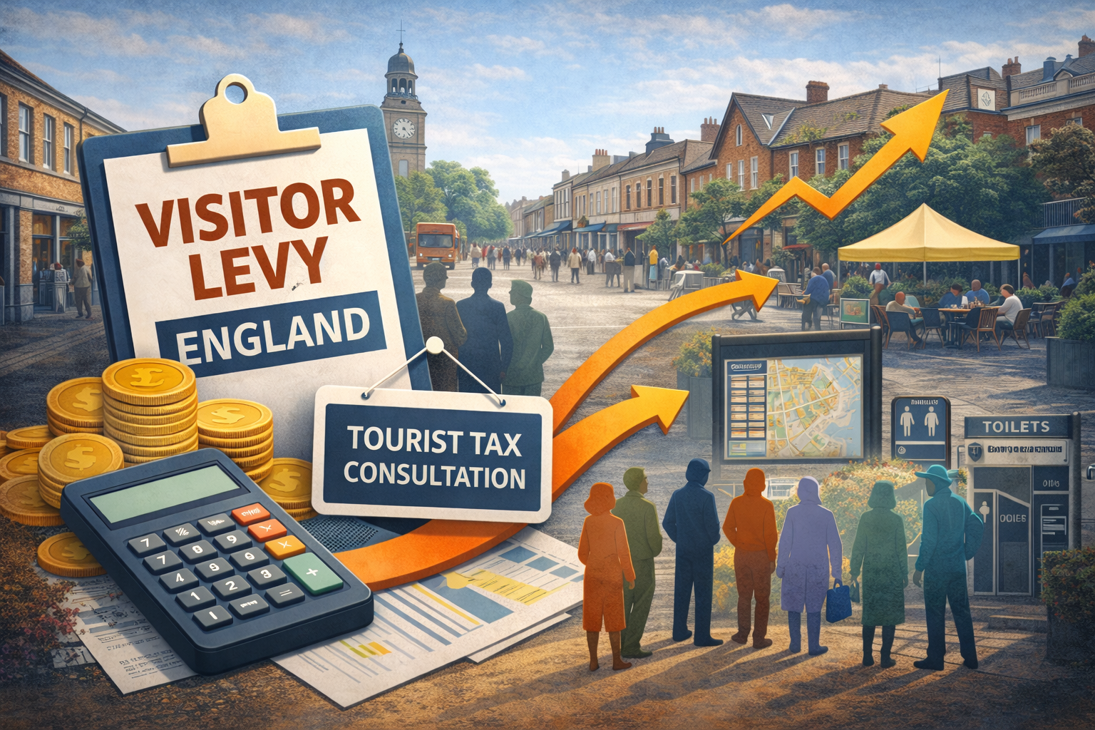 Illustration of an English town centre with visitor levy signage and financial icons showing how a tourist levy could fund local regeneration and high street improvements