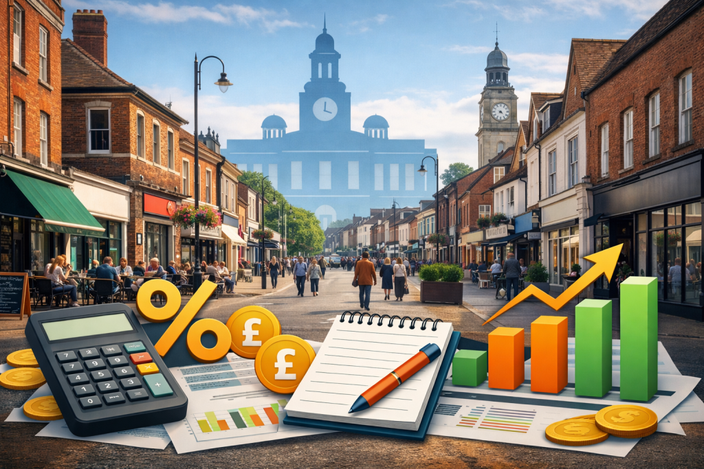 UK high street with financial icons and growth charts representing the impact of the 2026–29 local government finance settlement on town centre regeneration