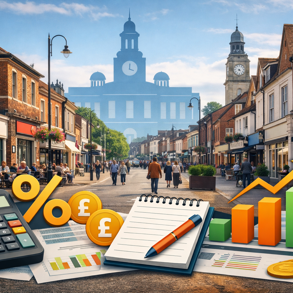 UK high street with financial icons and growth charts representing the impact of the 2026–29 local government finance settlement on town centre regeneration